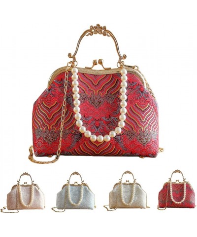 Vintage Chinese Lace Embroidery Pearl Crossbody Bag Evening Bag with Chain Adjustable Strap for Women Chinese Red $18.04 Cros...