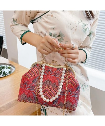 Vintage Chinese Lace Embroidery Pearl Crossbody Bag Evening Bag with Chain Adjustable Strap for Women Chinese Red $18.04 Cros...