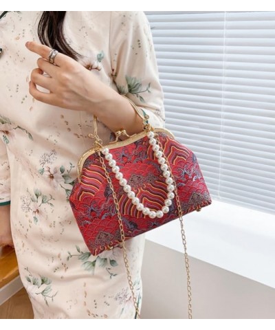 Vintage Chinese Lace Embroidery Pearl Crossbody Bag Evening Bag with Chain Adjustable Strap for Women Chinese Red $18.04 Cros...