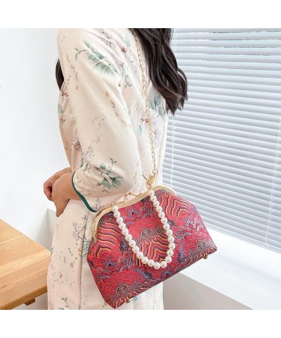 Vintage Chinese Lace Embroidery Pearl Crossbody Bag Evening Bag with Chain Adjustable Strap for Women Chinese Red $18.04 Cros...