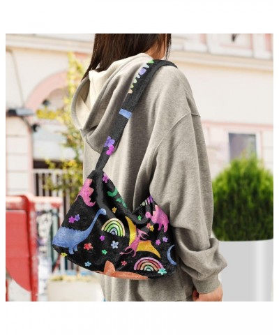 Women Boho Handbag Watercolor Dino Flower Rainbow Underarm Bag Tote Bag Shoulder Bag Crossbody Bag Fluffy Cell Phone Purse Pa...