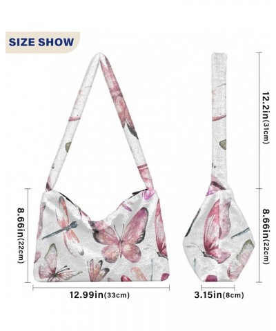 Women Boho Handbag Watercolor Pink Butterfly Dragonfly Underarm Bag Tote Bag Shoulder Bag Crossbody Bag Fluffy Cell Phone Pur...