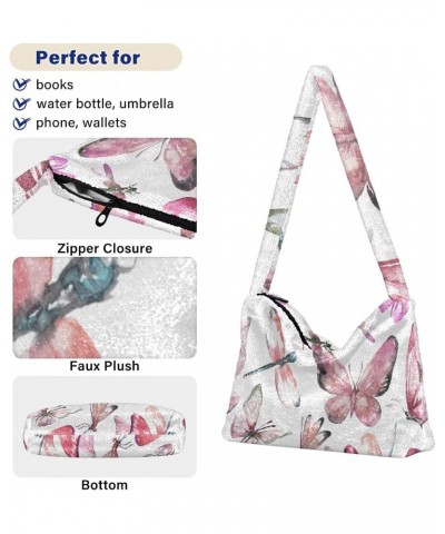 Women Boho Handbag Watercolor Pink Butterfly Dragonfly Underarm Bag Tote Bag Shoulder Bag Crossbody Bag Fluffy Cell Phone Pur...