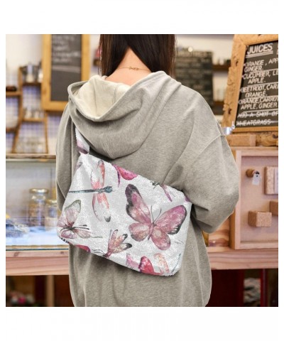 Women Boho Handbag Watercolor Pink Butterfly Dragonfly Underarm Bag Tote Bag Shoulder Bag Crossbody Bag Fluffy Cell Phone Pur...