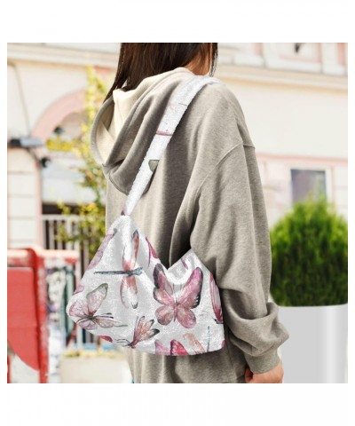 Women Boho Handbag Watercolor Pink Butterfly Dragonfly Underarm Bag Tote Bag Shoulder Bag Crossbody Bag Fluffy Cell Phone Pur...