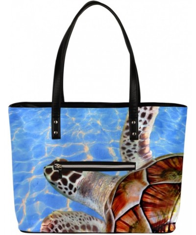 Sea Turtles Pattern Tote Bag Women Shoulder Handbags PU Leather Everyday Bag with External Pocket Large Capacity Aesthetic Co...